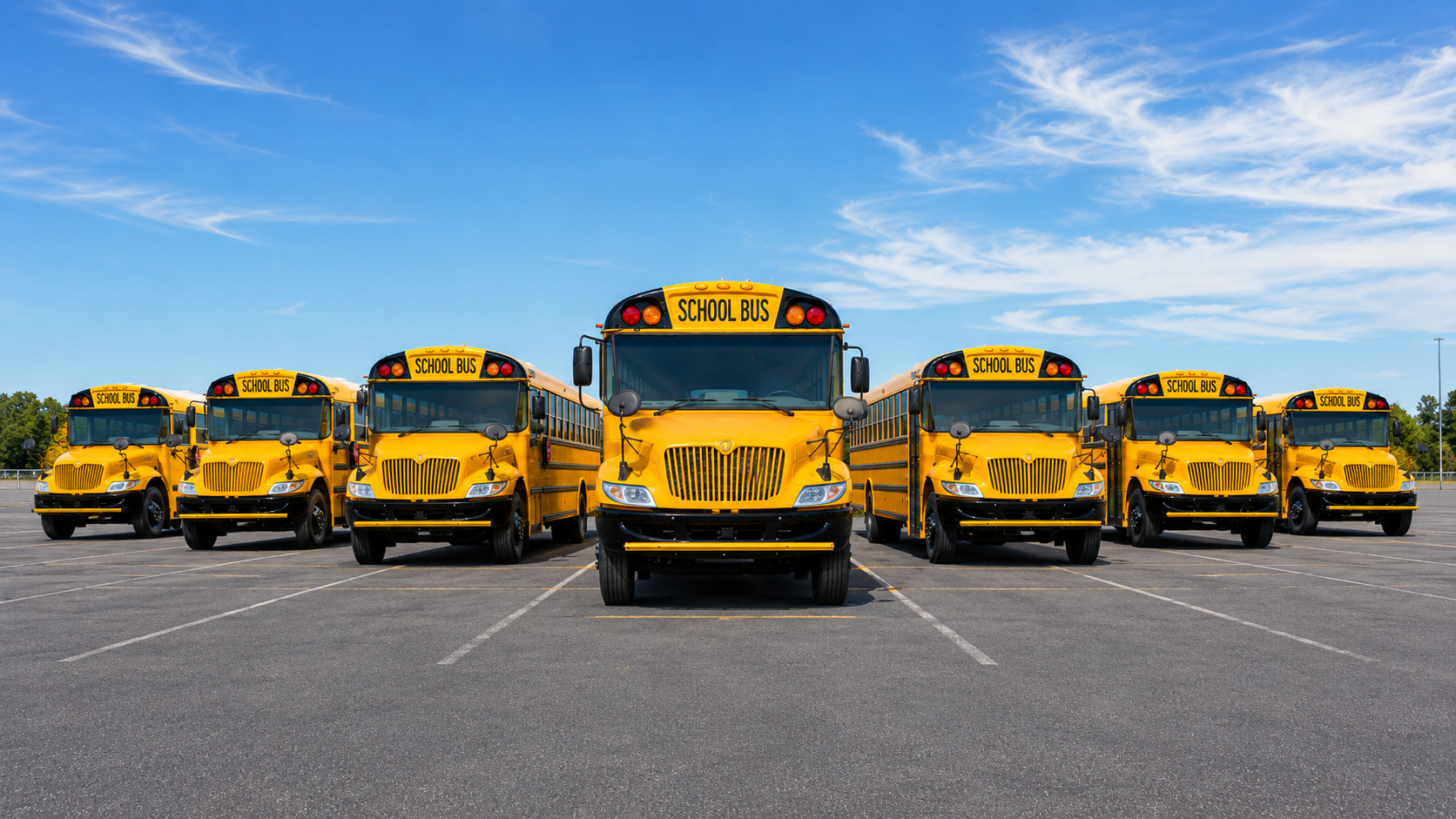 School bus fleet upfitted with amber warning lighting and safety systems