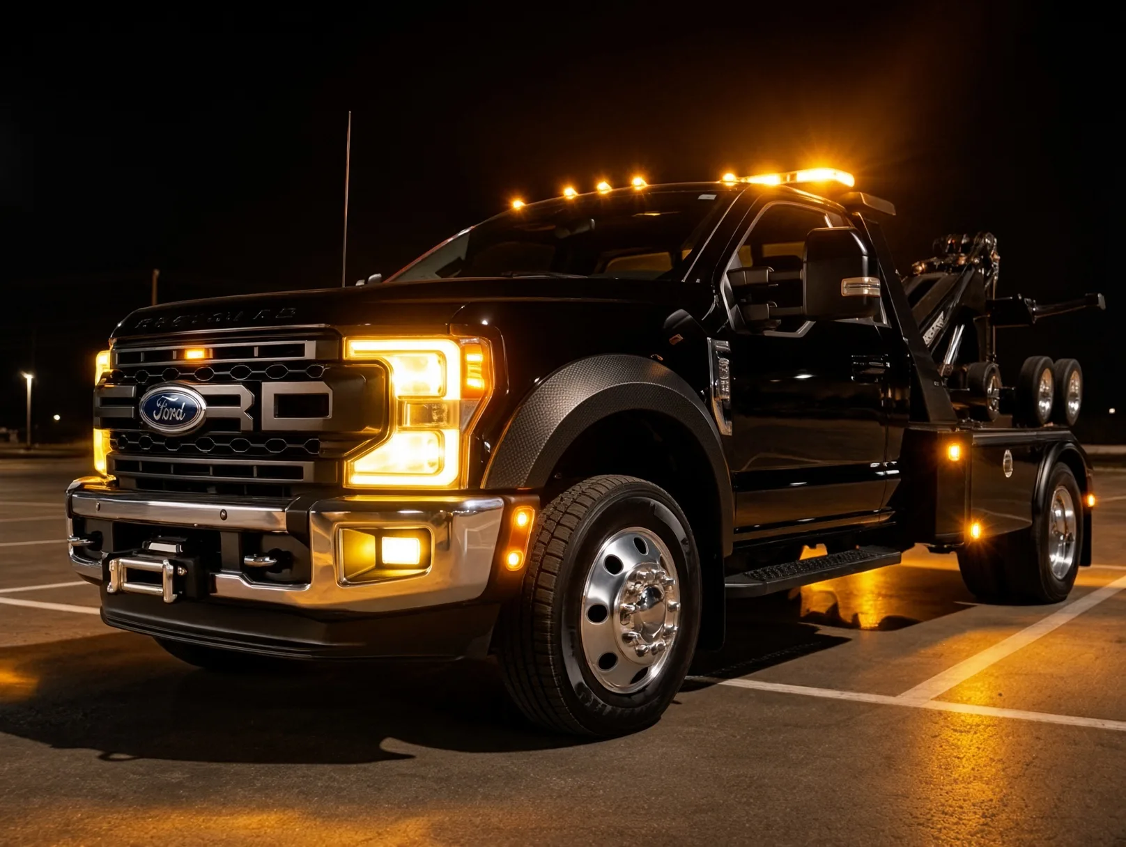 Tow truck with amber warning lighting active at night